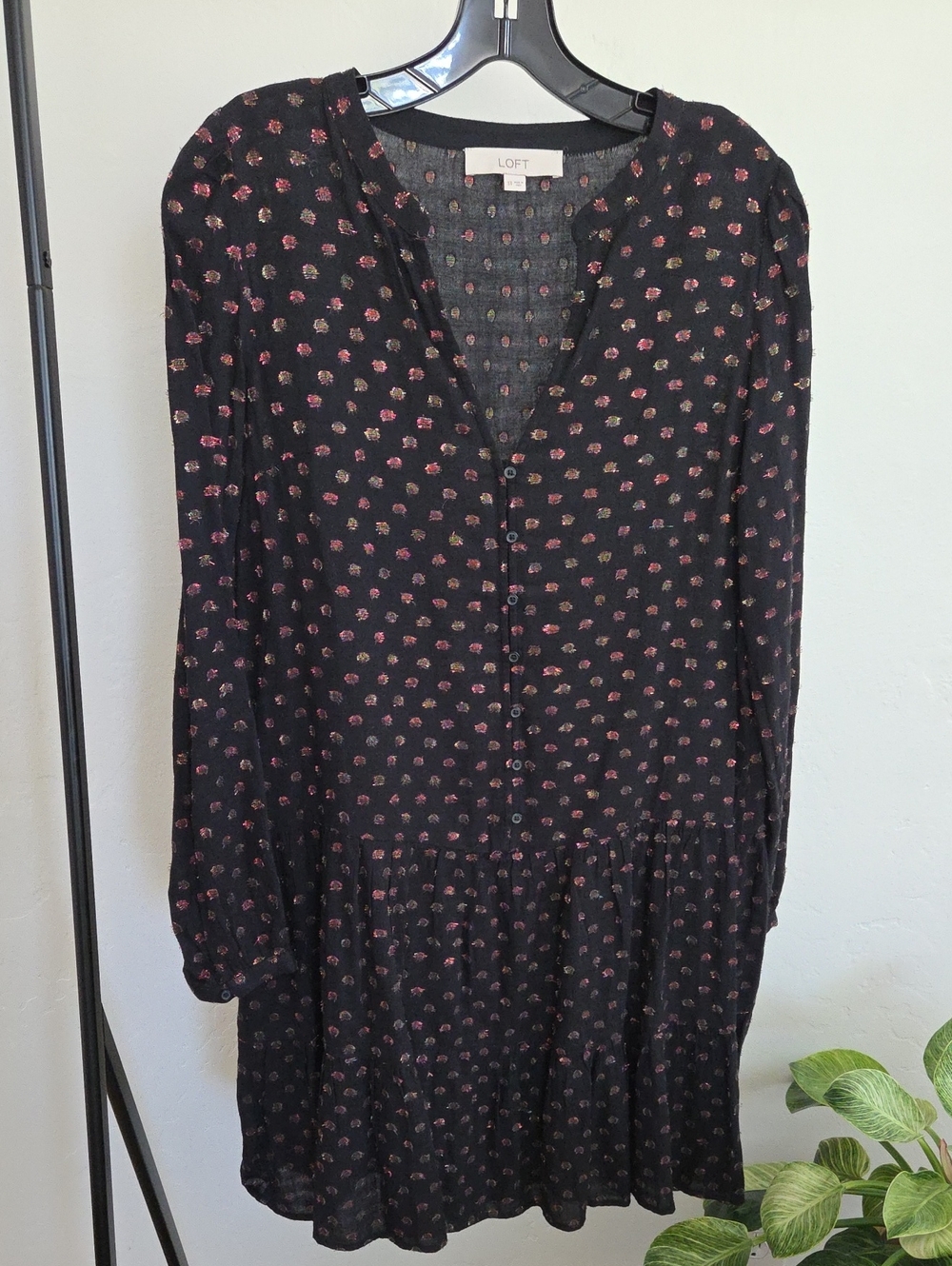 LOFT Black Long-Sleeve Drop-waist Dress with Dot Print